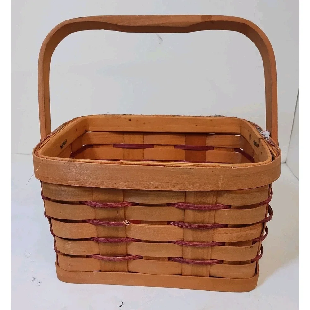 Sewing Basket Single Handle Woven Wood With Fabric Covered Lid‎ Red 8x7x5